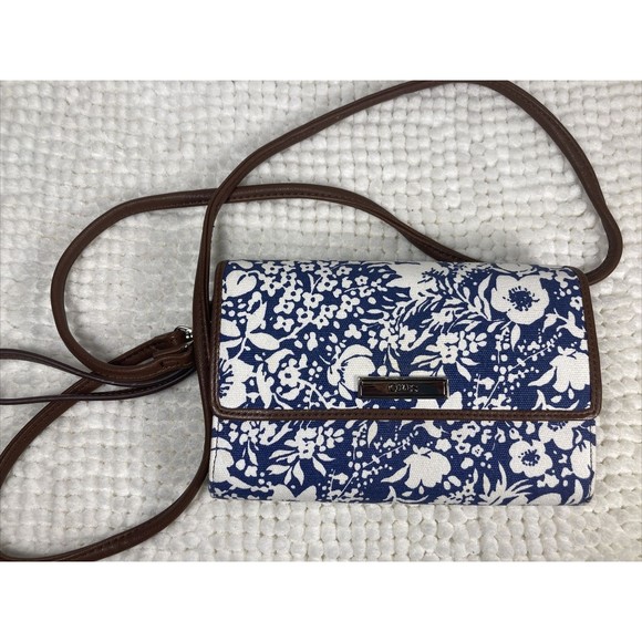 Chaps Floral Crossbody Wristlet Blue and White Floral, Logo Vegan Leather Trim - Picture 7 of 9